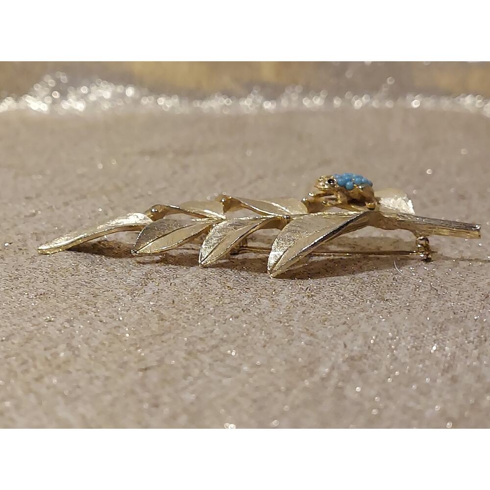 Vintage Large Brooch LEDO 1962 Golden Leaf Frog Faux Turquoise Pin READ - Picture 4 of 11